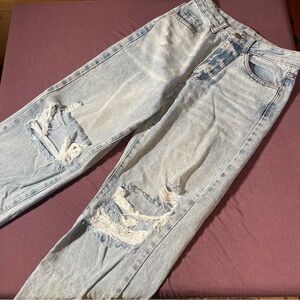 Light Wash Distressed 25" Barrel Leg Denim Jeans - Size XS (0-4?) High-Rise